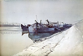Schleppkähne auf der Donau, 1937, Aquarell, Sammlung Leopold, Wien