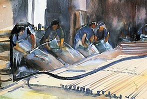 In der Lederfrabrik, 1953, Aquarell