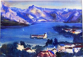 Gmunden mit Blick auf den Traunsee, Aquarell
