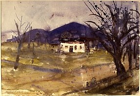Weißes Haus vor dunklem Berg, (Im Spätherbst) 1952, Aquarell, Artothek des Bundes, Wien
