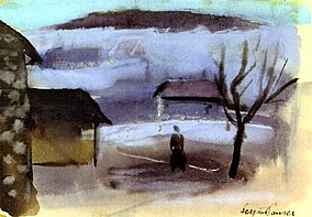 Winterabend am Land, vor 1930,  Aquarell