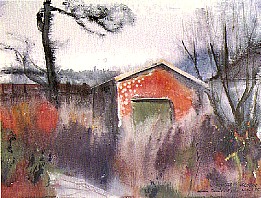 Winterstimmung im Schrebergarten, 1936, Aquarell,  Niederösterreichisches Landesmuseum, St. Pölten