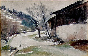 Gehöft in winterlicher Landschaft, Aquarell