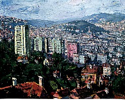 Stuttgart (I) (Hochhäuser vor der Stadt) 1959,  Öl auf Hartplatte, 75 x 93 cm, WV 610, Städtische Spar- und Girokasse Stuttgart 