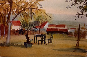 Gartenterrrasse mit Tisch und Stühlen, ca.1935,  Aquarell