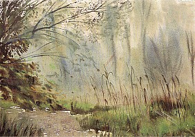 Nebel in der Au (Kritzendorf), 1957, Aquarell, 36,3 x 50,3 cm, Niederösterreichisches Landesmuseum, St. Pölten