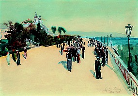 Promenierende in Monte Carlo, um 1930, Aquarell, Gouache, Passepartoutausschnitt 34x49,5 cm, court. Dorotheum, Wien