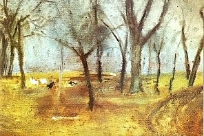 Hühner im Regen, Aquarell, 34,2 x 49,5 cm, Wien